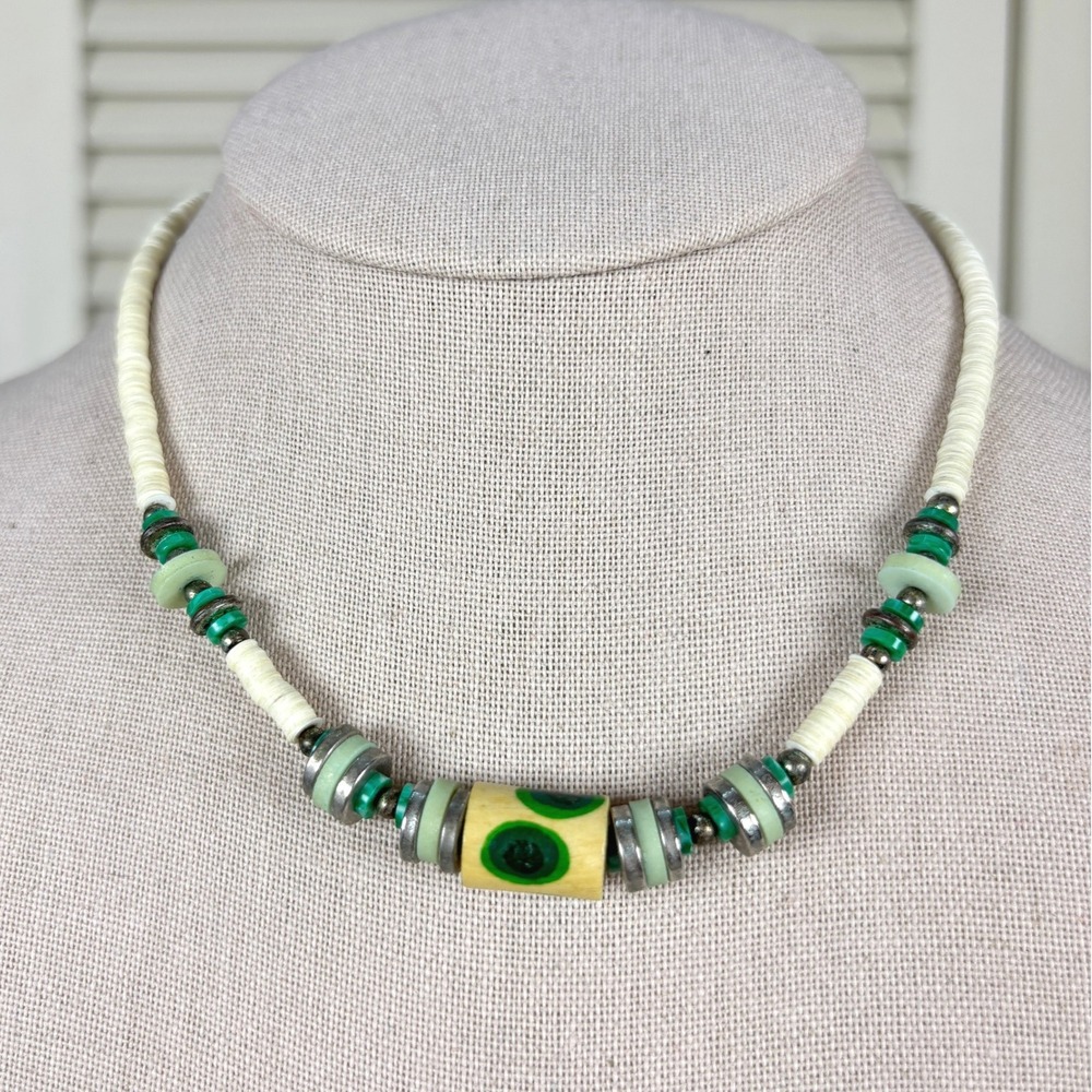 Artisan Beaded Necklace Green Disc Heishi Tribal Boho Natural 90s VTG Statement